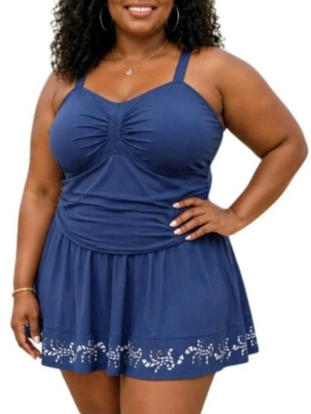 NWOT Denim & Co. Beach Ruched Swim Dress with Laser Cut Hem in Navy | Size 14